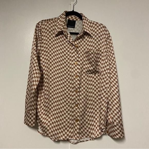 C/MEO Collective check oversized button up brown/white Top Size Small - Picture 1 of 7